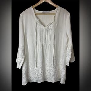 Marina Luna Eyelet Ivory Peasant Linen Blend Lagenlook Top size large